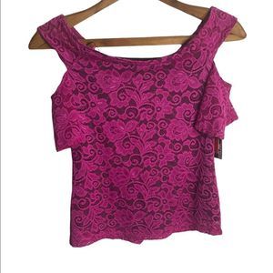 Bold Elements Lace Cut Out Flutter Sleeve Top Fun Fuchsia w/black lining XS
